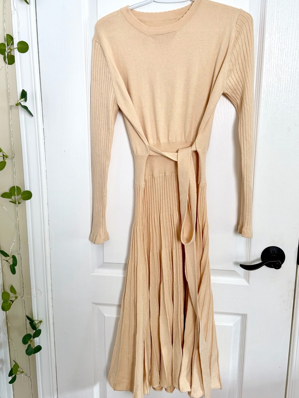 Pleated Knit Midi Dress in Beige - Picture 4 of 5